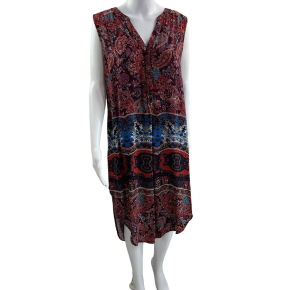 Cupio Womens L Sleeveless Burgundy Midi Dress Aztec Paisley Mandala Boho Artsy - Picture 2 of 15